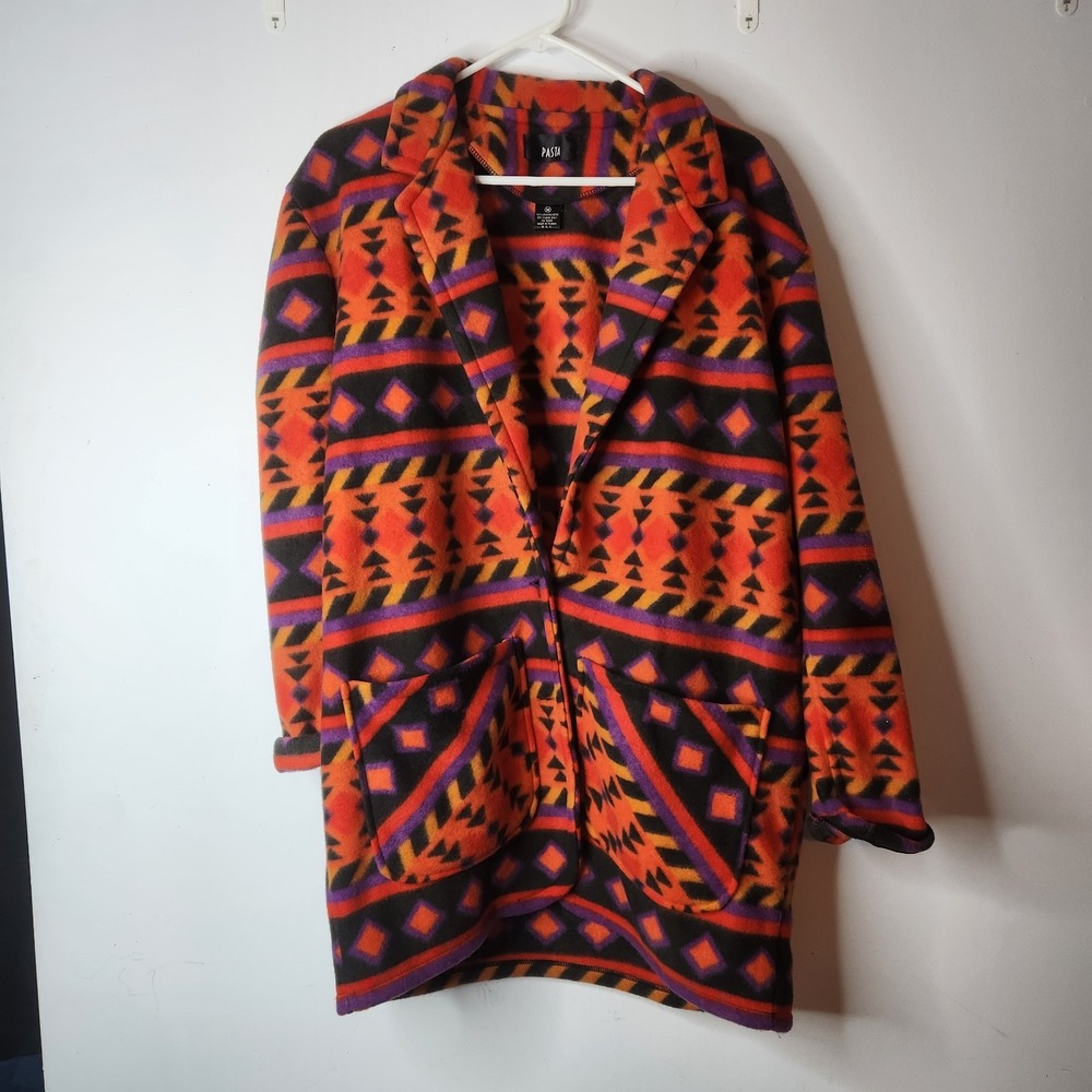Pasta Southwestern Fleece Coat Orange Purple Geometric Tribal Print Jacket M